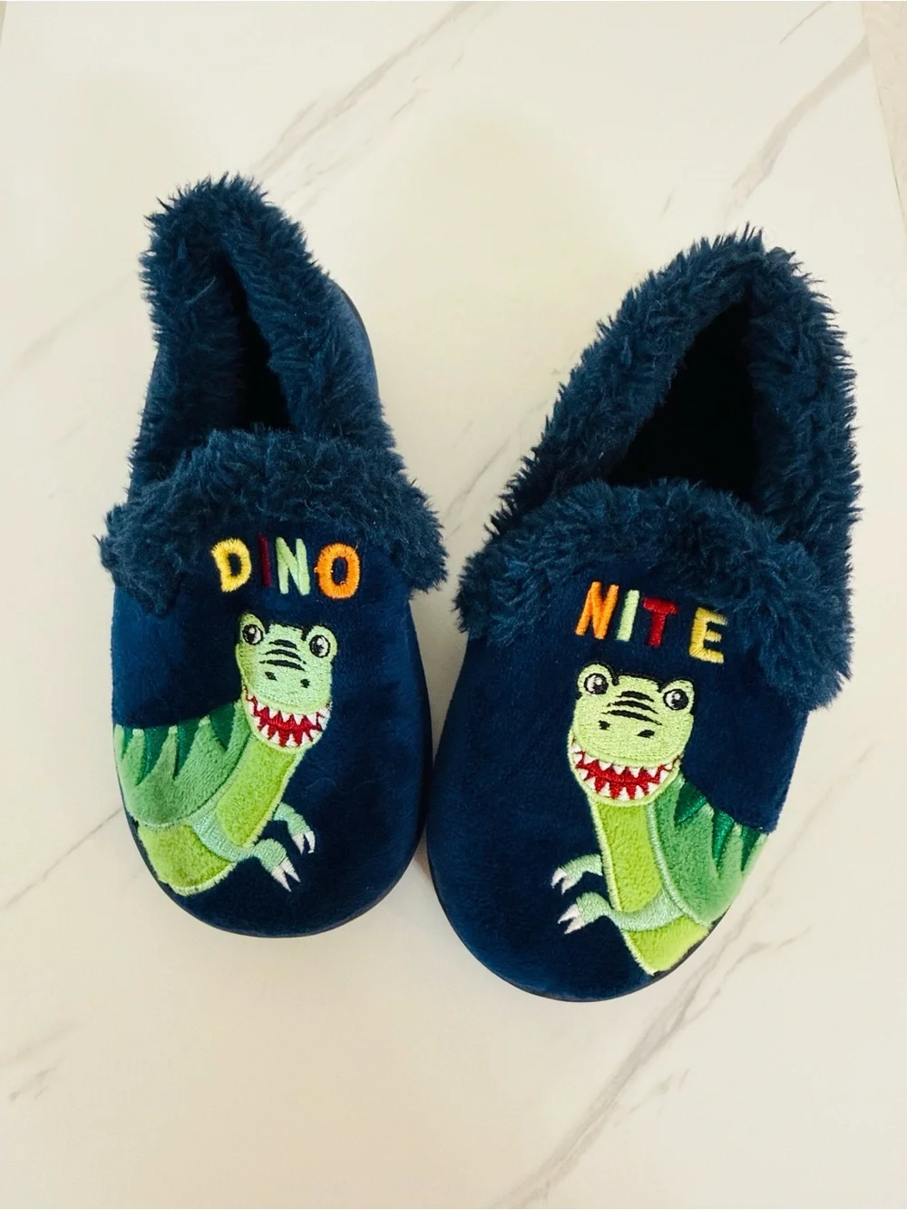 Navy Dinosaur Slippers with Faux Fur Lining and “Dino-Mite” Embroidery